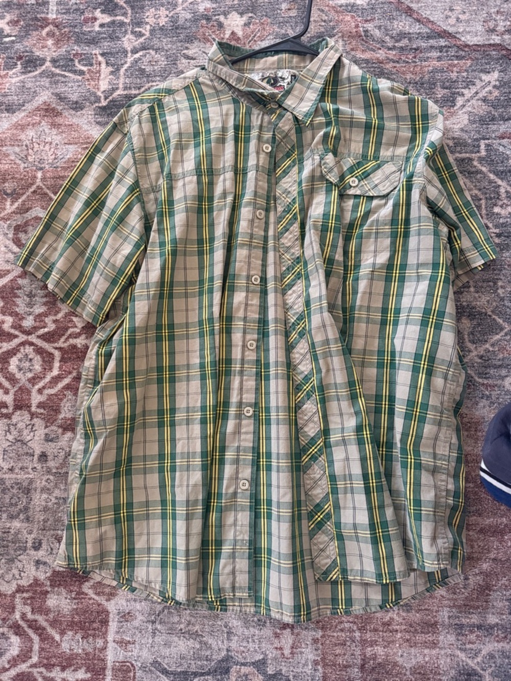 Mossy Oak Green and Tan Plaid Short-Sleeve Button-Up Shirt